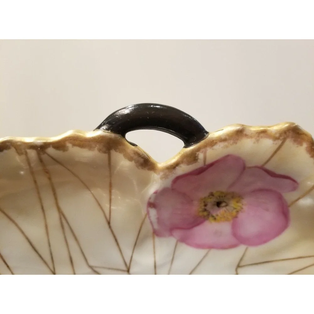 Antique 1887 Hand Painted Floral Leaf Shape Plate w Handle 7.75